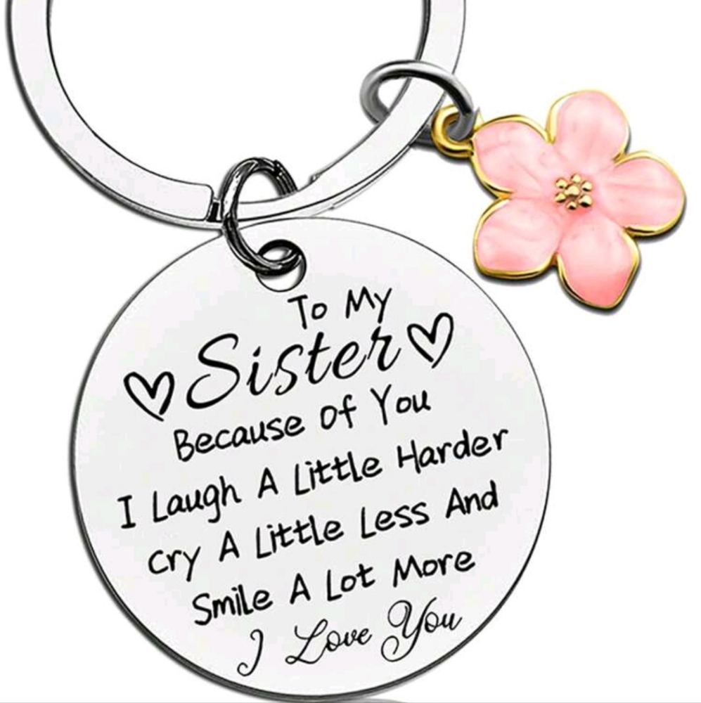 Silver Sister Keychain with Pink Flower Charm